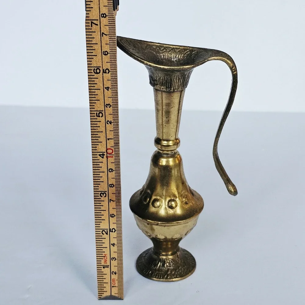 Vintage Perri Brass Pitcher Ewer Tall Neck Embossed Decorative Gold Vase 7.5